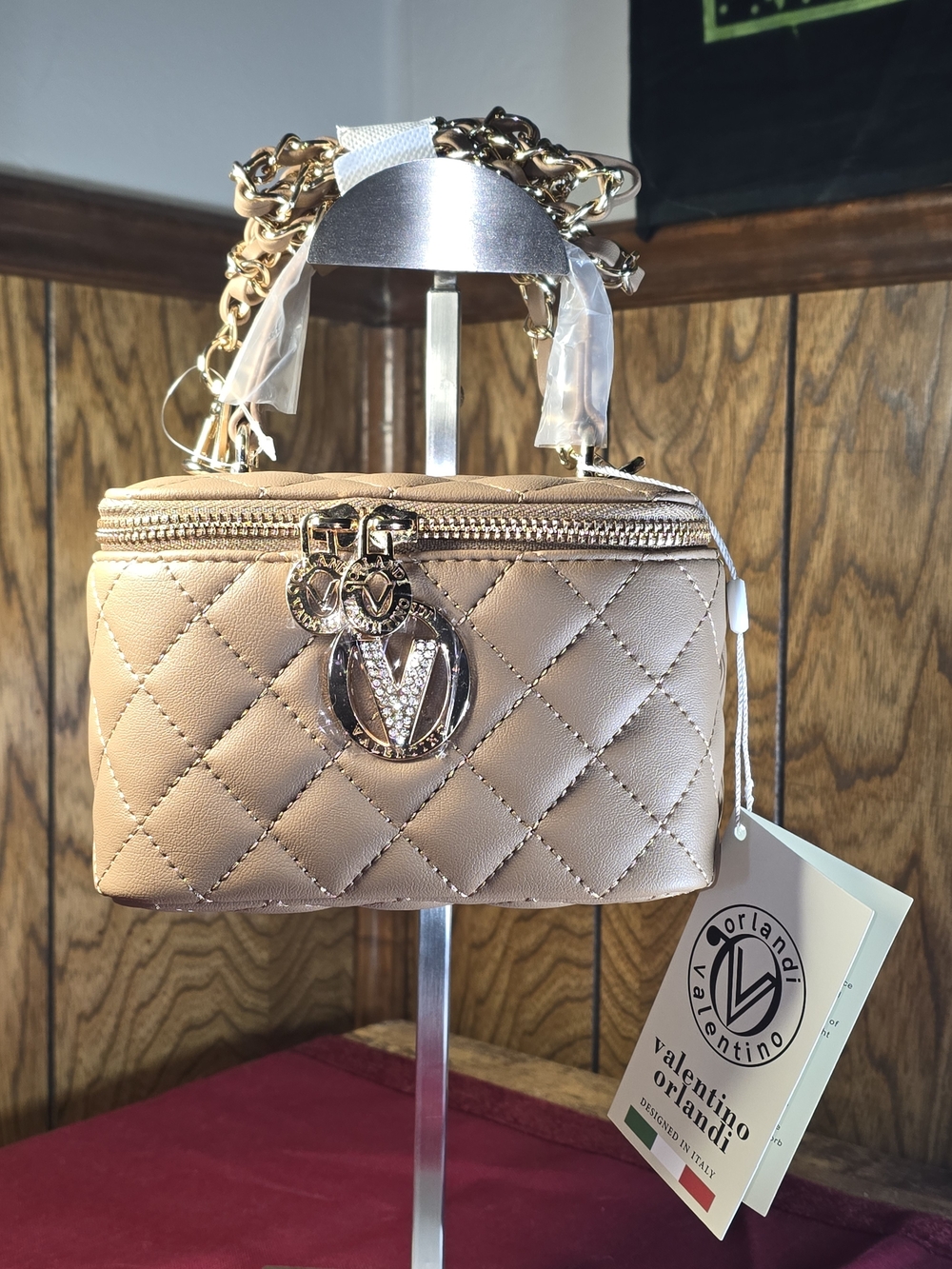 Valentino Orlandi Quilted Taupe Mini Vanity Bag with Gold Hardware
